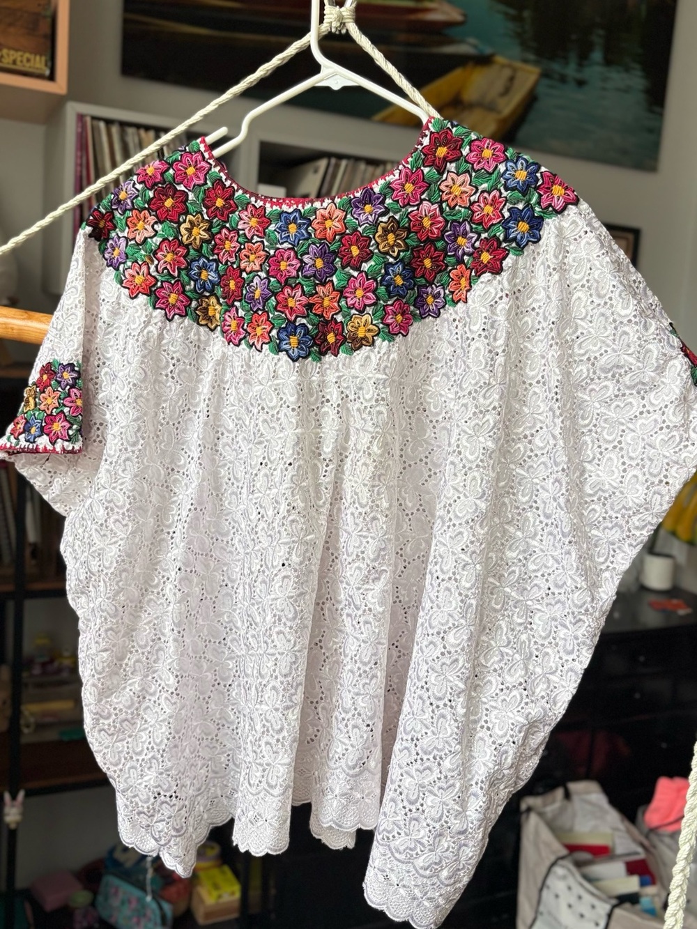 White Eyelet Blouse with Multicolor Floral Embroidery